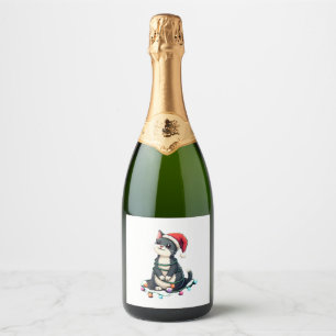 Kerst Kat Tuxedo zwarte kat xmas lichten kat c Sparkling Wijnetiket