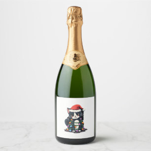 Kerst Kat Tuxedo zwarte kat xmas lichten kat c Sparkling Wijnetiket