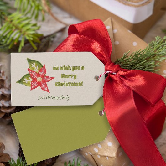 Kerst Kitschy Rood Groen Poinsettia Nostalgisch Cadeaulabel