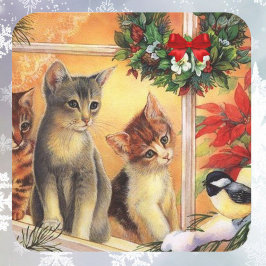 Kerst Kittens Vogels Kijken Cute Kaart Vierkante Sticker