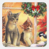 Kerst Kittens Vogelspotten Mooie Kaart Vierkante Sticker (Voorkant)