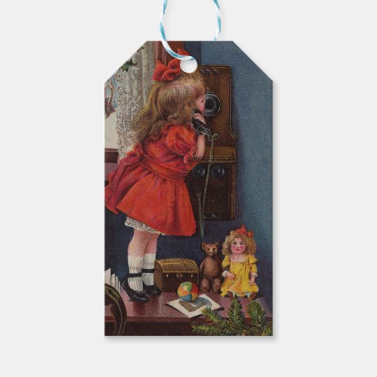 Kerst Klein Meisje Telefoon Antiek Cadeaulabel (Voorkant)