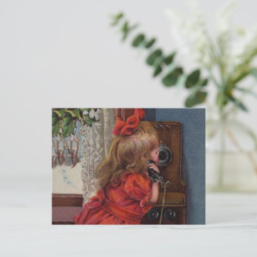 Kerst Klein Meisje Telefoon Antiek Feestdagenkaart (Staand voorkant)