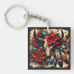 Kerst Koe Bull Skull Poinsettias Veren Sleutelhanger