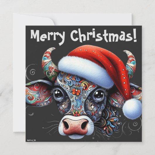 Kerst Koe Bull w / Santa Hat Kerst Kaart (Voorkant)