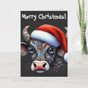 Kerst Koe Bull w / Santa Hat Kerst Kaart