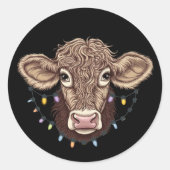 Kerst Koe Lover Lights Boerderij Boer Xmas Ronde Sticker (Voorkant)