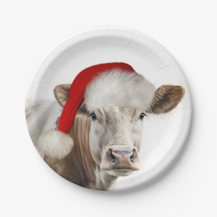 Kerst Koe met Santa Hat Papieren Bordje