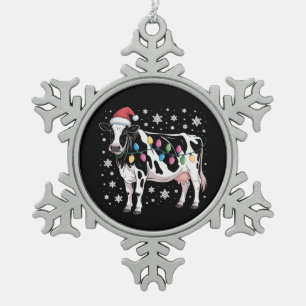 Kerst Koe Xmas Lights Santa Hat Boerderij Vakantie Tin Sneeuwvlok Ornament