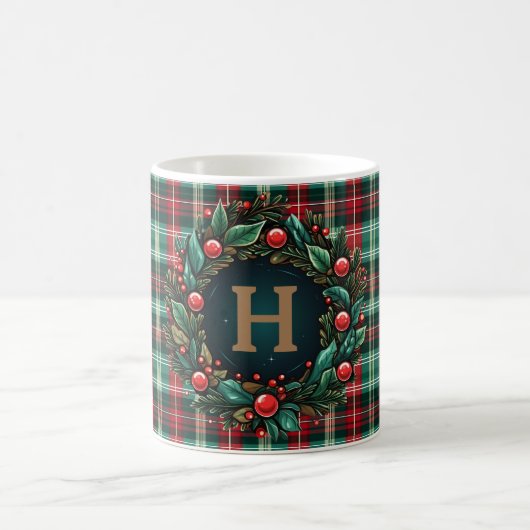 Kerst Koffie Plaid Goud Monogram Koffiemok (Center)