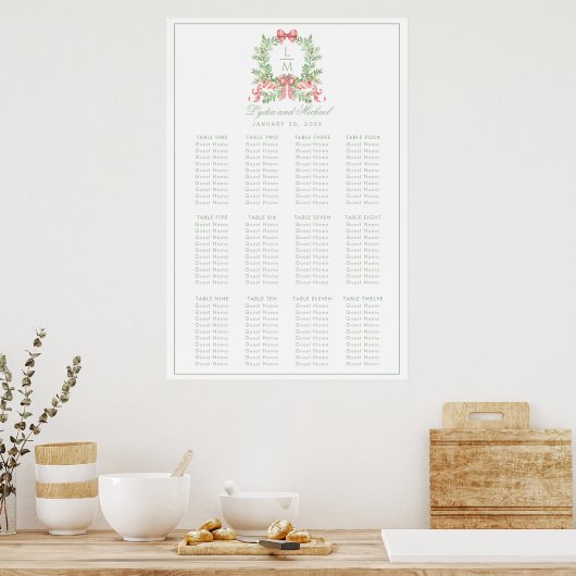 Kerst krans Monogram bruiloft zitgrafiek Poster (Keuken)