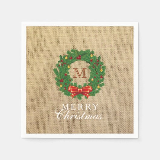 Kerst Krans Monogram Burlap Achtergrond Servet (Voorkant)