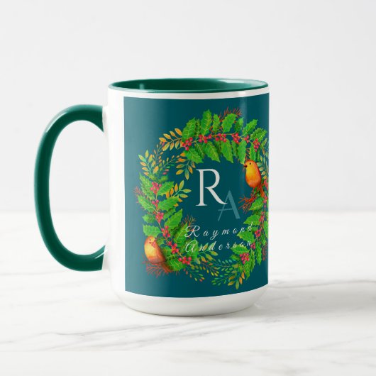 Kerst Krans Monogram Ocean Blue Mok (Links)