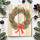 Kerst Krans Red Bow |  Pine Waterverf Feestdagenkaart