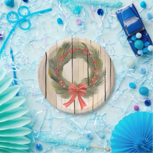 Kerst Krans Red Bow | Pine Waterverf Papieren Bordje (Feest)