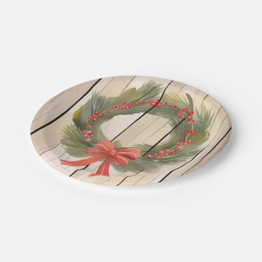 Kerst Krans Red Bow | Pine Waterverf Papieren Bordje (Gekanteld)