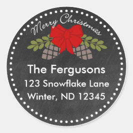 Kerst krijtbord dennen kegels adreslabel ronde sticker