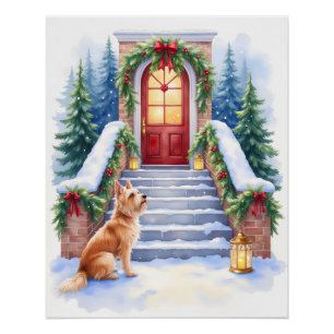 Kerst Kunst met Cesky Terrier op Besneeuwde Trap Perfect Poster