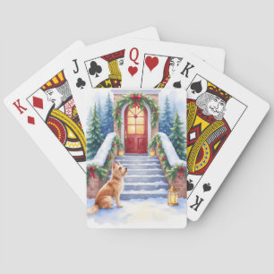 Kerst Kunst met Cesky Terrier op Besneeuwde Trap Pokerkaarten