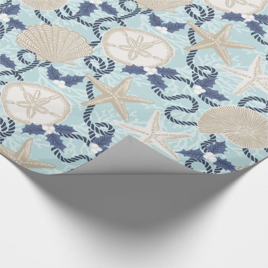 Kerst Kust Tropische Zee Schelpen - Blauw Cadeaupapier (Hoek)