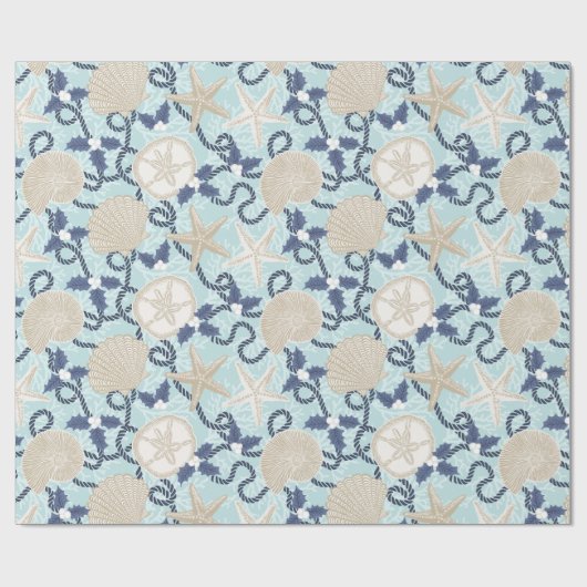 Kerst Kust Tropische Zee Schelpen - Blauw Cadeaupapier (Vlak)