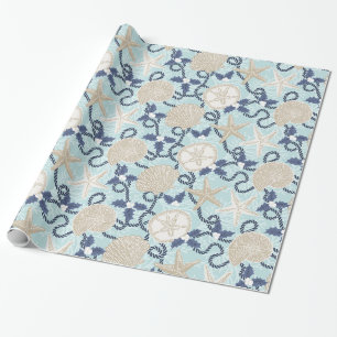 Kerst Kust Tropische Zee Schelpen - Blauw Cadeaupapier