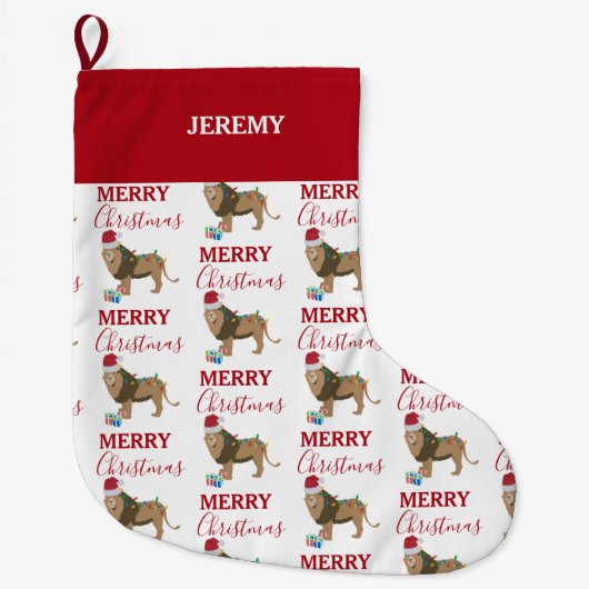 Kerst Leeuw Grappig Dier met Santa Hat Grote Kerstsok (Voorkant)