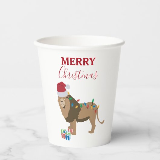 Kerst Leeuw Grappig Dier met Santa Hat Papieren Bekers (Voorkant)