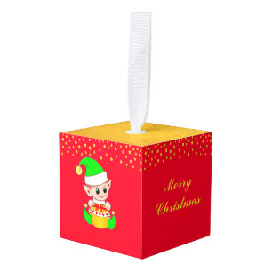 Kerst leuk elfje op rood & goud kubus ornament