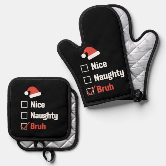 Kerst Leuke Stoute Bruh Grappige Kerstlijst Ovenwant & Pannenlap Set (Voorkant / Achterkant)