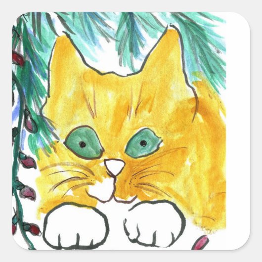 Kerst Licht String en de Kat Vierkante Sticker (Voorkant)