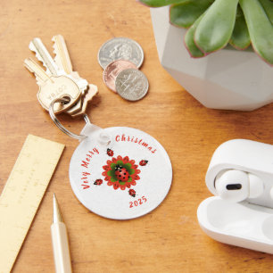 Kerst Lieveheersbeestje Rood Groen Wit Rond Sleutelhanger