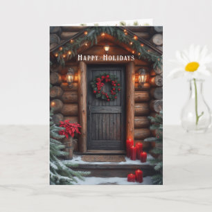 Kerst Logcabine Dennenbomen Rode Poinsettia Kaart