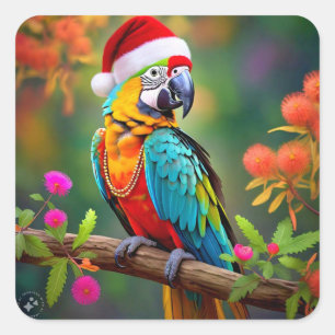 Kerst Macaw Dearing A Santa Hat-56485 Vierkante Sticker