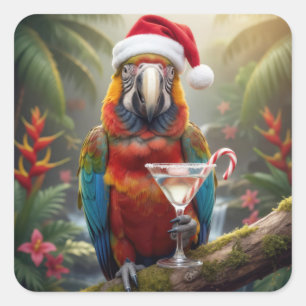 Kerst Macaw Papegaai Met Martini Cocktail Vierkante Sticker