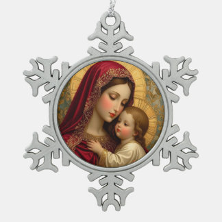 Kerst Madonna en Kind Tin Sneeuwvlok Ornament