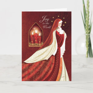 Kerst, Madonna in elegante gewaden met Baby. Feestdagen Kaart