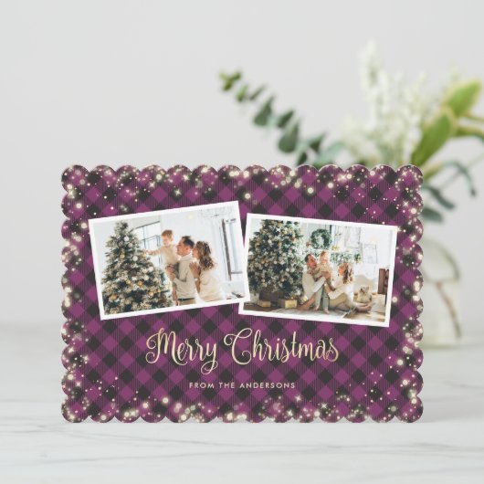 Kerst Magic Paarse geruite gouden foto Feestdagenkaart (Staand voorkant)