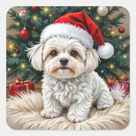 Kerst Maltese hond op een bontkussen Vierkante Sticker (Voorkant)