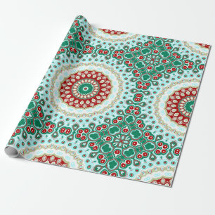 Kerst Mandala in rood, groen en Frosted Blue Cadeaupapier