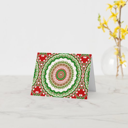Kerst Mandala in rood, groen en warm goud Kaart (Gele Bloem)