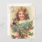 Kerst  Meisje Met Kat Feestdagenkaart (Voorkant / Achterkant)