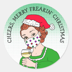 Kerst, Merry Freaking Kerstrecro Lady Wine Ronde Sticker