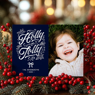 Kerst met familienaam en foto Holly Jolly Feestdagenkaart