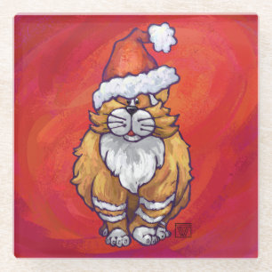 Kerst met gemberkat op rood glazen onderzetter