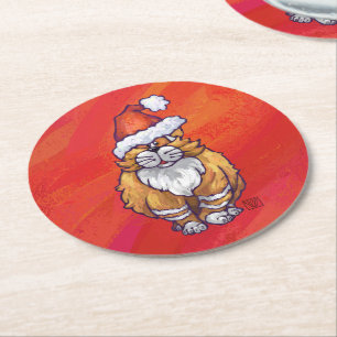 Kerst met gemberkat op rood ronde kartonnen onderzetter