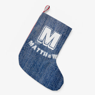 Kerst met naam op blauwe jeans kleine kerstsok