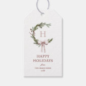 Kerst Monogram Krans Blush Bow Cadeaulabel (Voorkant)
