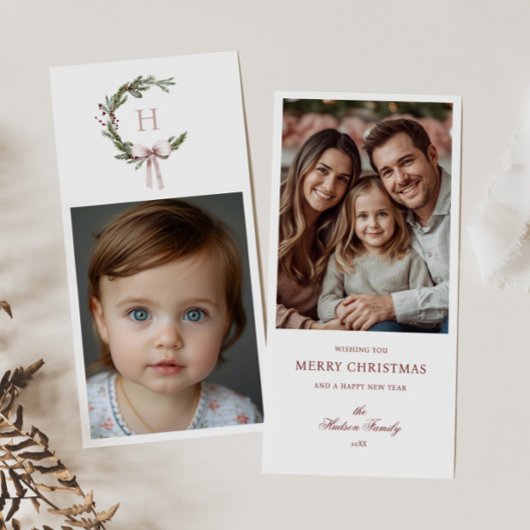 Kerst Monogram Krans Blush Bow Foto Feestdagenkaart