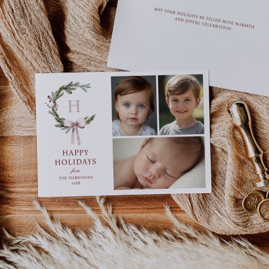 Kerst Monogram Krans Blush Bow Foto Feestdagenkaart